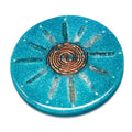 Dolomite Charging Plate by Orgonise Africa – round turquoise glitter plate with a copper spiral in the centre and clear crystal points arranged like sun rays