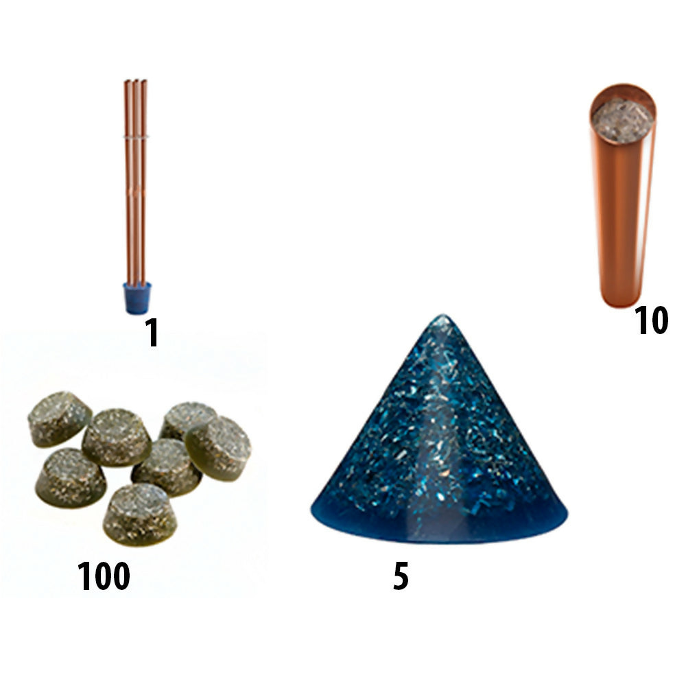 Massive Orgone Starter + Booster HHG by Orgonise Africa – product graphic showing a copper pipe set, a single copper pipe, a group of small round pucks and a blue cone, labelled with quantities 1, 10, 100 and 5
