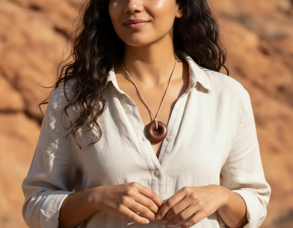The reddish-brown donut pendant worn on a tan cord with a white shirt, against a red rock background