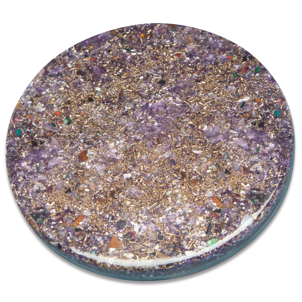 Back of the plate covered in lilac and grey stone chips with metal flakes