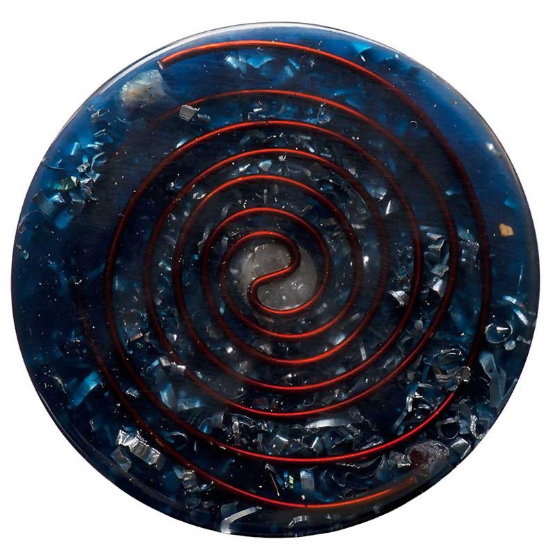 Underside of St. Buster’s Button, showing a double copper spiral within a dark blue circular body