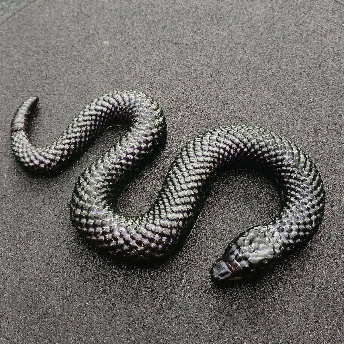 Black snake figure in an S-shaped curve, top view of the scales