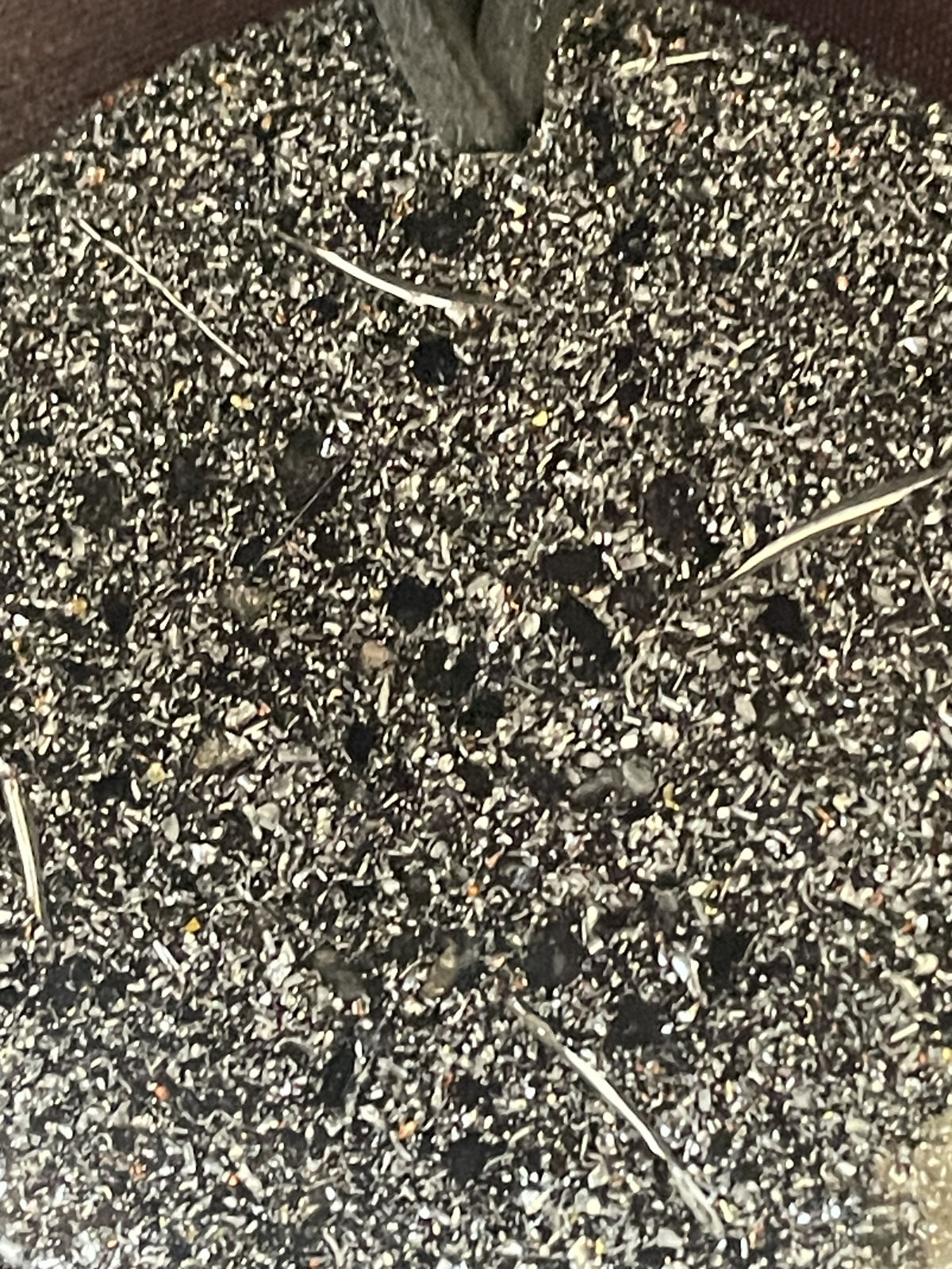 Close-up of the densely flecked grey and silver-coloured reverse of the Silver and Shungite Orgonite Pendant