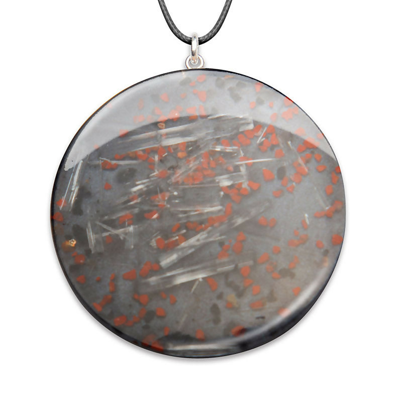 Kandinsky Pendant Grey by Orgonise Africa – round grey pendant with clear crystal shards and red flecks, on a black cord