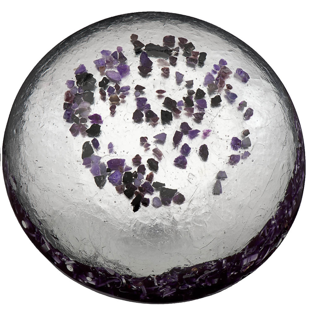 Top view of Silver Sugilite SBB, showing a pale silver-coloured centre with purple stone pieces and a dark purple rounded edge