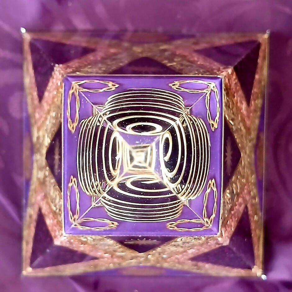 Top-down view of concentric gold rings over purple, framed by gold and copper star points