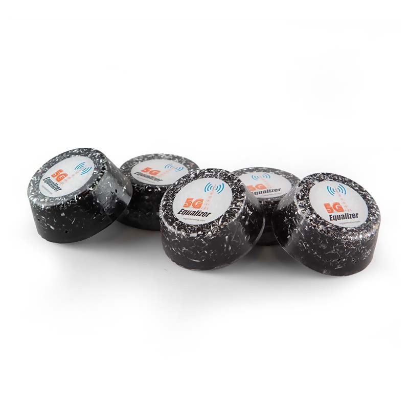 Five dark, rounded Equalizer tower busters arranged together, each with a pale circular label on top