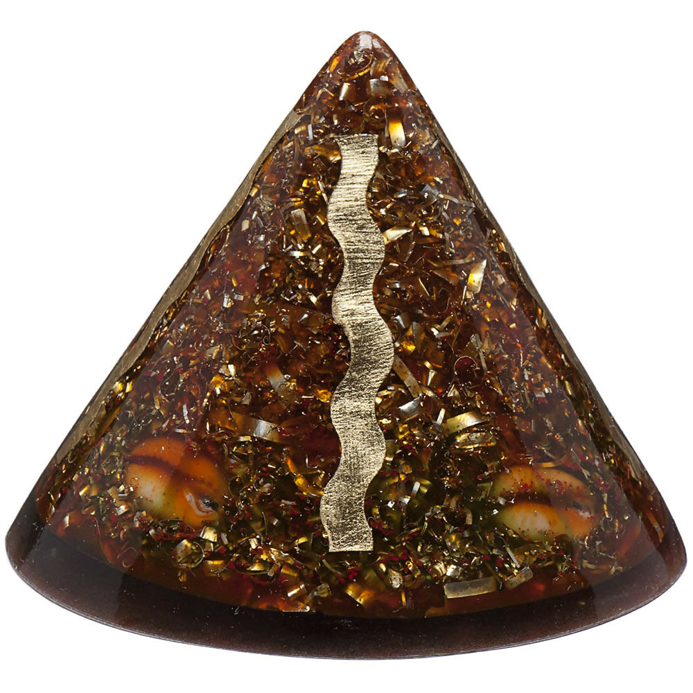 Cone piece with a wavy gold strip down the front, brown and gold chips and two amber stones near the base