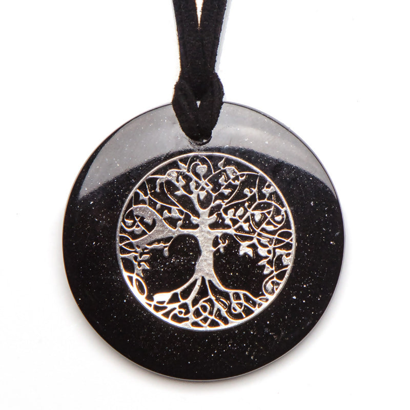 Black round Silver and Shungite Orgonite Pendant with a silver-coloured tree-of-life inlay and double black cord