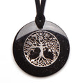 Black round Silver and Shungite Orgonite Pendant with a silver-coloured tree-of-life inlay and double black cord